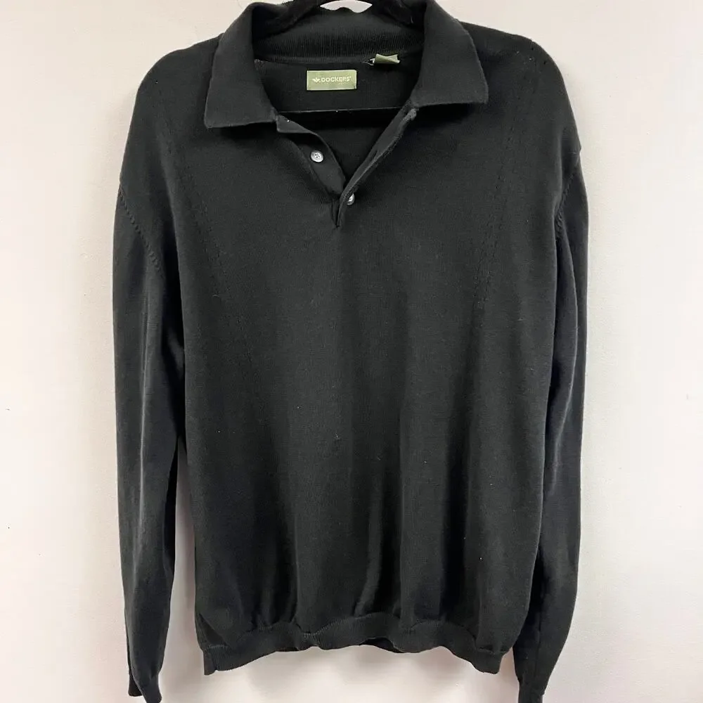 Men's Dockers vintage 1990's 100% Cotton long sleeve Polo sweater Solid Black